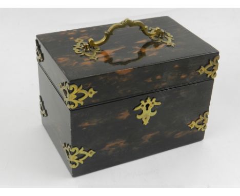 A camphor and faux tortoise shell tea caddy, with brass mounts and handle. H: 10.5cm W: 14.5cm D: 9cm