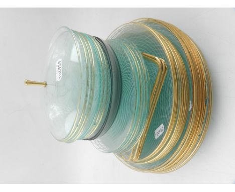 A set of vintage glass graduated dishes and plates, circa 1950, with white spiral decoration and gilt rims, (qty).