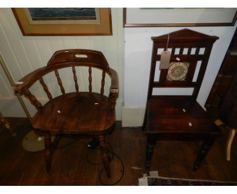 An Edwardian walnut side chair, the back incorporating a tile above a solid seat and turned legs, together with a 20th centur