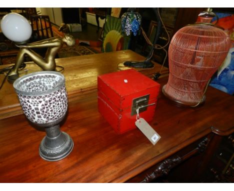 A 20th century red lacquered box, together with wooden wire-work lamp, and a white metal chalice.