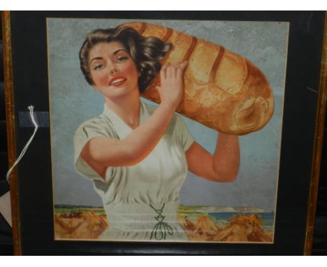 A mid 20th century advertising print depicting a lady holding a large loaf of bread. H: 28cm W: 27cm 