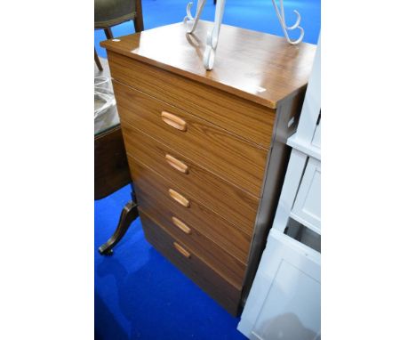 A vintage laminate bedroom chest of five drawers, labelled Schreiber, dimensions approx W61 D43 H107cm
