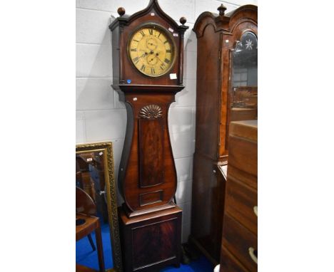 A 19th Century mahogany longcase clock , having 'onion' shaped case on square base, with 8 day movement and gilt painted circ