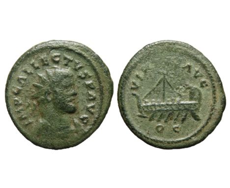 Allectus Quinarius. Colchester, 294-6 AD. Billon, 2.84g. 21mm. Radiate bust right, IMP C ALLECTVS P AVG. R. VIRTVS AVG, galle