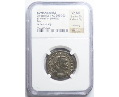 Constantius I, as Augustus, 293-305 AD. BI follis or nummus, 26mm. 10.01g. NGC Choice MS 5/5 - 5/5, Silvering. Treveri (Trier