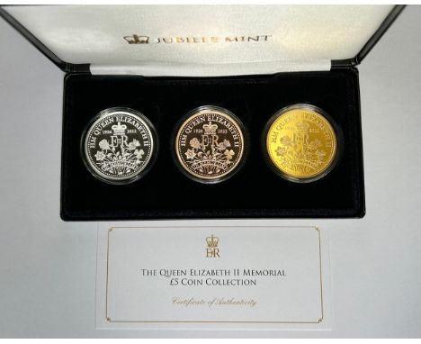 The Queen Elizabeth II Memorial £5 Coin Collection. A cased three coin set issued by the Jubilee Mint 2022. Proof-like finish