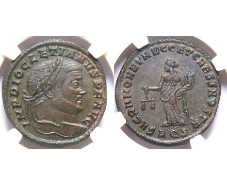 Diocletian, 284-305 AD. BI follis or nummus, 26mm. 9.48g. NGC AU 5/5 - 5/5. Nicomedia, AD 303-304. IMP DIOCLETIANVS P F AVG, 