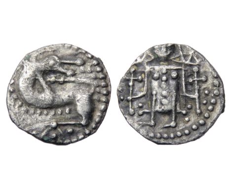Anglo-Saxon Sceattas, Series K/N related. Secondary phase, circa 715-745 AD. Figure standing holding two long crosses pommee.