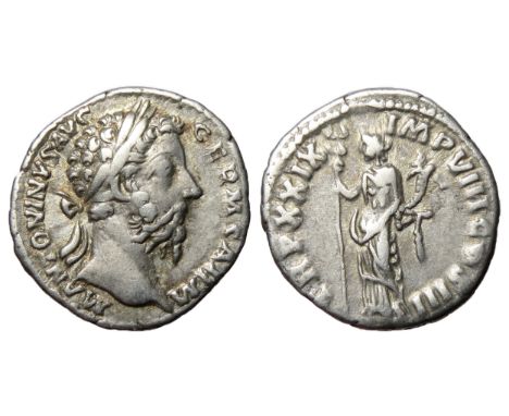 Marcus Aurelius Denarius. 2.92g. Laureate bust right, M ANTONINVS GERM SARM. R. TR P XXIX IMP VIII COS III, Felicitas standin