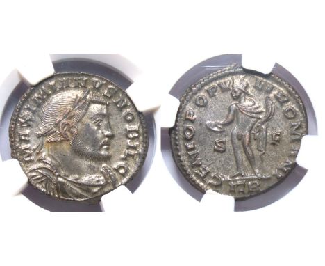 Galerius, as Caesar, 305-311 AD. BI follis or nummus, 27mm. 9.09g. NGC MS 5/5 - 5/5, Silvering. Trier, 1st officina, AD 302-3