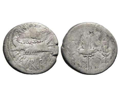 Mark Anthony Denarius. Circa 1st century BC. Silver, 3.18g. 18mm. Galley right, ANT AVG III VIR R P C. R, Legionary eagle bet