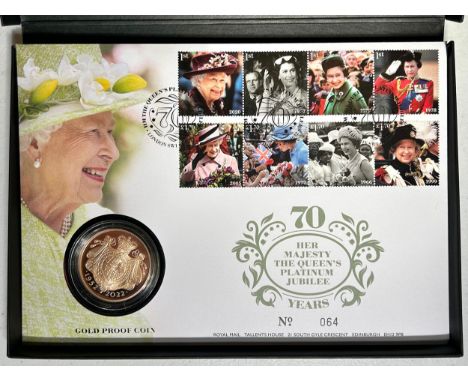 The Platinum Jubilee of Her Majesty The Queen 2022 UK £5 Gold Proof Coin Cover. Set no.64 of 100 produced in gold proof. 39.9