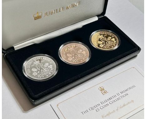 The Queen Elizabeth II Memorial Â£5 Coin Collection. A cased three coin set issued by the Jubilee Mint 2022. Proof-like finis