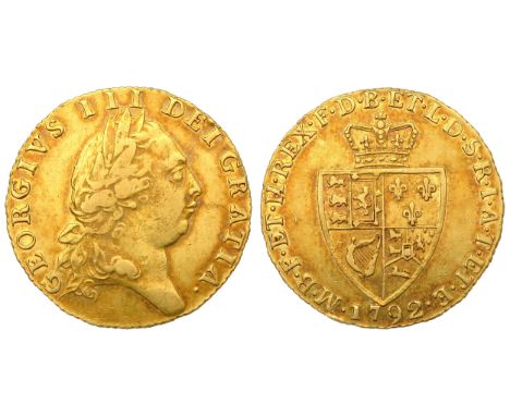 George III Guinea. Gold, 8.3g. 25mm. Laureate head right, GEORGIUS III DEI GRATIA. R. Crowned shield of arms 1792. Ref: S.372