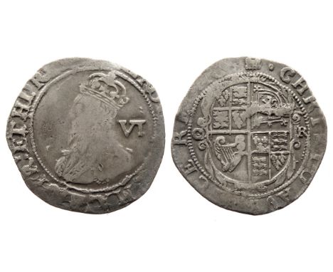 Charles I Sixpence. 1633-34 AD. Tower mint. Silver, 25mm. 2.78g. Crowned bust left, VI mark of value behind. R. Oval garnishe