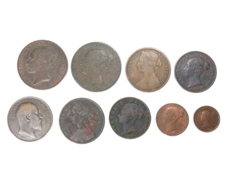 British Copper Milled Coin Group (9). To include Pennies, halfpennies, farthing and half farthing from the reigns of Victoria