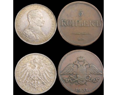 Russia &amp; Germany Coin Group (2). To include a copper 5 Kopek dated 1831 and a silver 3 Marks dated 1914. 