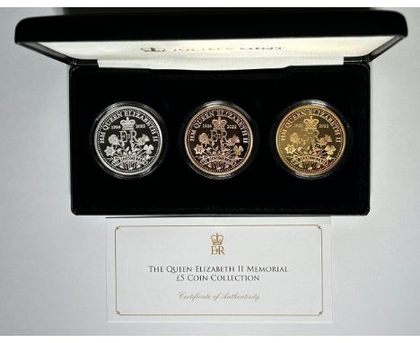 The Queen Elizabeth II Memorial Â£5 Coin Collection. A cased three coin set issued by the Jubilee Mint 2022. Proof-like finis