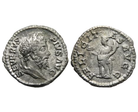 Septimius Severus Denarius. Rome, 205 AD. Silver, 2.42g. 19mm. Laureate bust right, SEVERVS PIVS AVG. R. FELICITAS AVGG, Feli