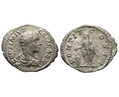 Geta Denarius. Rome, 208 AD. Silver, 2.39g. 21mm. Laureate and draped bust right, P SEPTIMIVS GETA CAES. R. PONTIF COS II, Ge