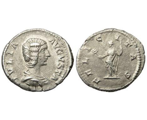 Julia Domna Denarius. 206 AD. Draped bust right, IVLIA AVGVSTA. R. FELICITAS. Felicitas standing left holding caduceus and sc