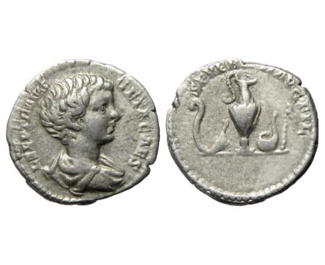 Geta Denarius. Bare head and draped bust right, L SEPTIMIVS GETA CAES. R. Litius, knife, jug, simpulum and sprinkler. Ref: RS