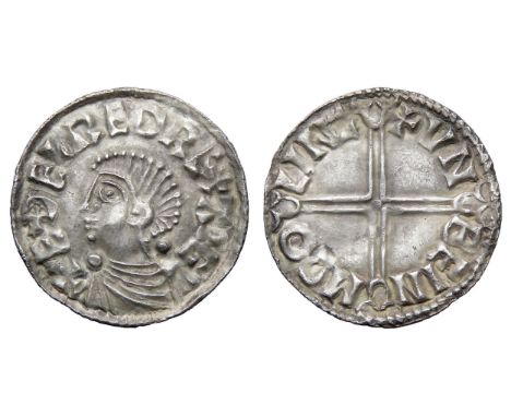 Aethelred II Penny. Long cross type, 997-1003 AD. Lincoln mint. Draped bust left, +EDELRED REX ANG. R. Voided cross, VNBEIN M