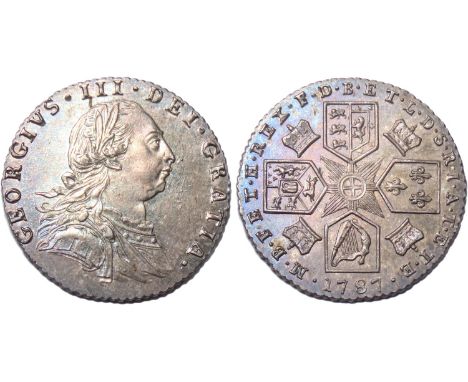 George III Sixpence 1787. 3.01g. 21mm. Laureate and draped bust right. R. Cruciform shields, crown in each angle. With semee 
