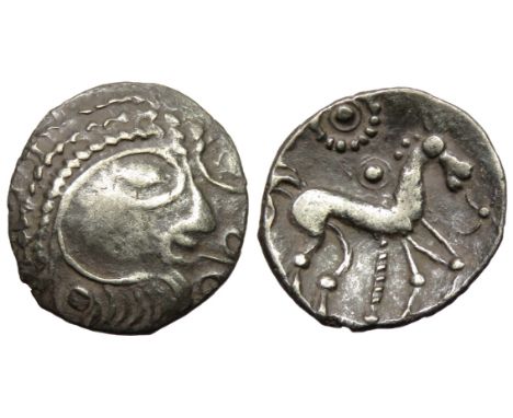 Iceni Punk Head Silver Unit. Pipe Pole Type. Talbot Large flan C, type 27c. 40-20 BC. 1.24g. 15mm. Bearded head right smoking