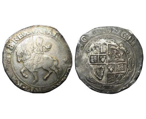 Charles I Halfcrown. Tower mint under Paliament, 1643-4 AD. King horseback left, King wears cloak flying from shoulder. CAROL