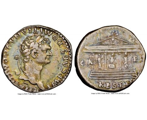 Domitian, as Augustus, 81-96 AD. Silver cistophorus, 25mm. 11.29g. NGC Choice VF 4/5 - 4/5. Rome, AD 80-81. IMP CAES DOMITIAN