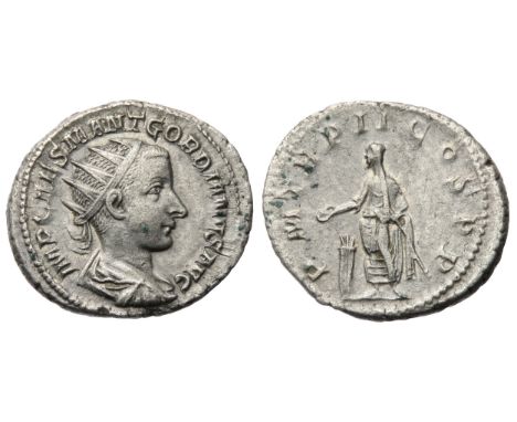 Gordian III Antoninianus. Rome, 239 AD. Silver, 4.80g. 23mm. Radiate bust right. R. P M TR P II COS P P, Gordian sacrificing 