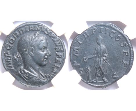 Gordian III, 238-244 AD. AE sestertius, 18.13g. NGC Choice XF 5/5 - 4/5. Rome, AD 240. IMP GORDIANVS PIVS FEL AVG, laureate, 