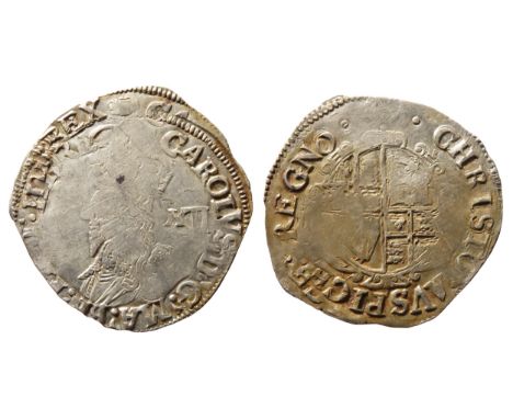 Charles I shilling. 1636-8 AD, Tower mint. Silver, 31mm. 5.88g. Crowned bust left, XII mark of value behind. R. Oval garnishe