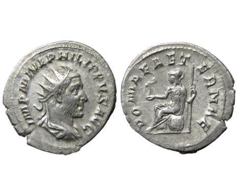 Philip I Antoninianus. 3.20g. Radiate and draped bust right, IMP MIVL PHILIPPVS AVG. R. ROMAE AETERNAE, Roma seated left hold