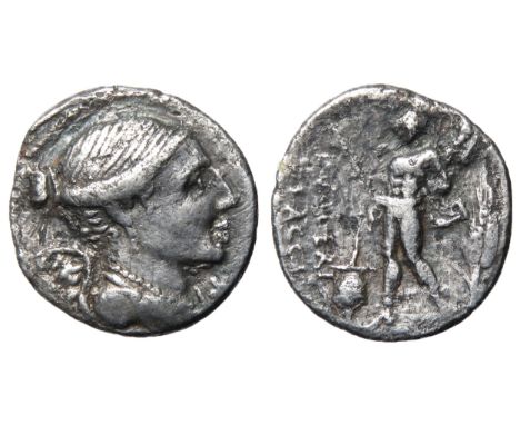 L Valerius Flaccus Denarius. Rome 108 BC. 3.40g. 19mm. Draped and winged bust of Victory right. R. Mars advancing left holdin