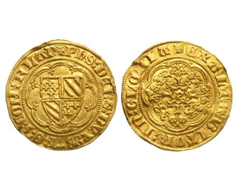 Philip the Bold Vlaanderen-Groot (Quarter Noble). 1384-1404 AD. Gold, 1.90g. 20.3 mm. Sield of Burgendy within tressure, +PHS