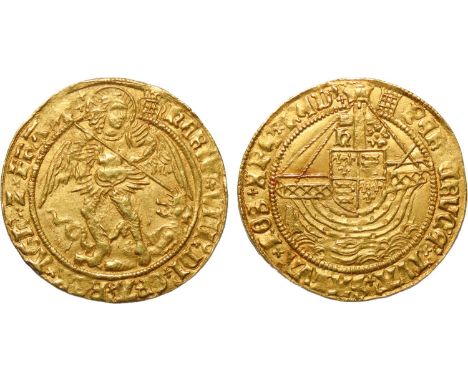 Henry VIII. 1509-1547. Gold Angel, 28mm. 5.17 g. First coinage. Tower (London) mint mark, crowned portcullis (without chains 