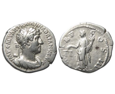 Hadrian Denarius. 3.06g. Laureate and draped bust right, IMP CAESAR HADRIANVS AVG. R. P M TR P COS III, Aequitas-Moneta holdi