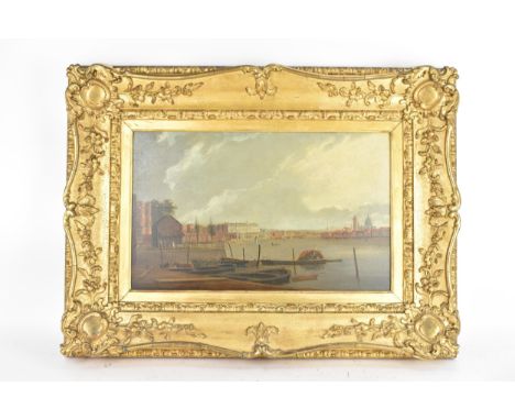 A 19th century oil on board view of a Venetian cityscape, depicting a panoramic riverside view, with buildings lining the wat