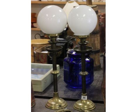 Pair of Vintage Brass Candlestick Lamps with Opaque Glass Shades
