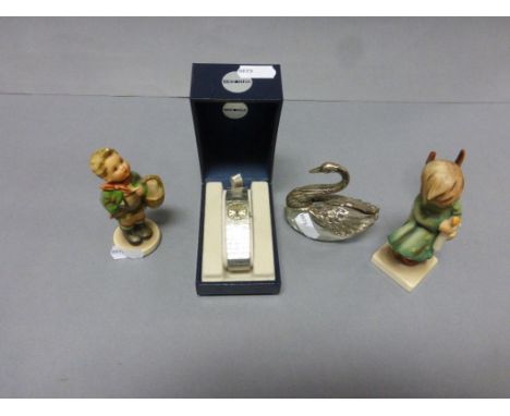 Two Goebel Hummel figures, a white metal and glass swan ring box and a Sekonda watch in box
