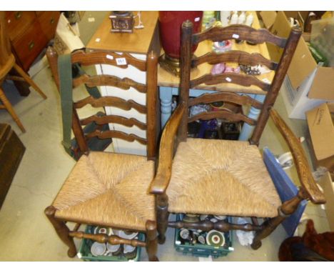 19th century Oak Ladder Back and Elbow Chair, both with rush seats