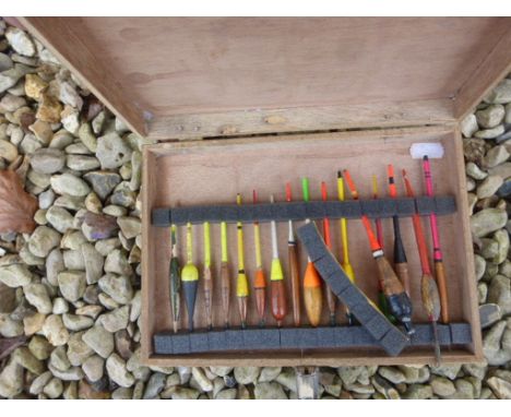 Various fishing bank sticks, landing net & pole, roller (adjustable), plus small box of floats