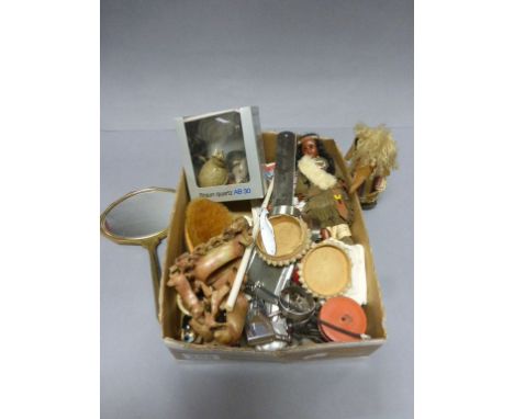 Two boxes of mixed collectable items to include, enamel mirror, soapstone, knife rests etc