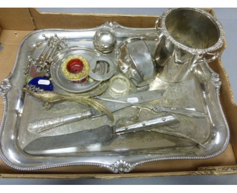 Mixed lot of silver plated items to include, tray, tea caddy, knife rests etc