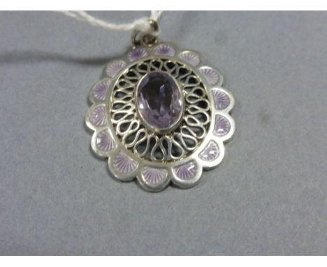 White Metal and Enamelled Pendant set with Amethyst Coloured Stone