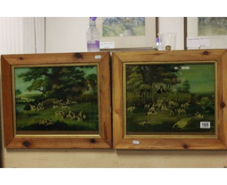 Pair of Pine Framed Paintings on Glass of Hunting Foxhound Scenes