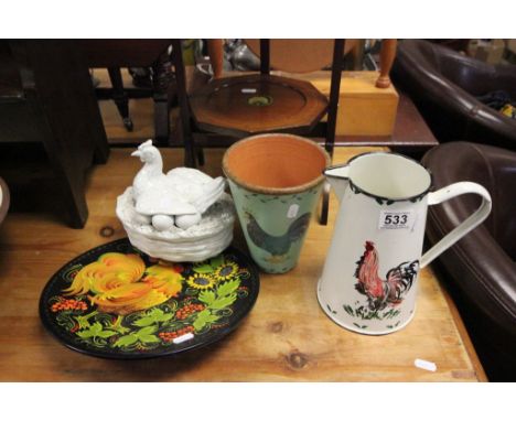 Enamel Chicken Jug, Chicken Egg Basket and Two other items decorated with Chickens