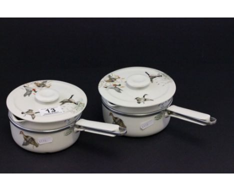 Asprey's of London, Pair of French Ceramic Porcelaine De Paris France Saucepans decorated with Flying Ducks / Geese 